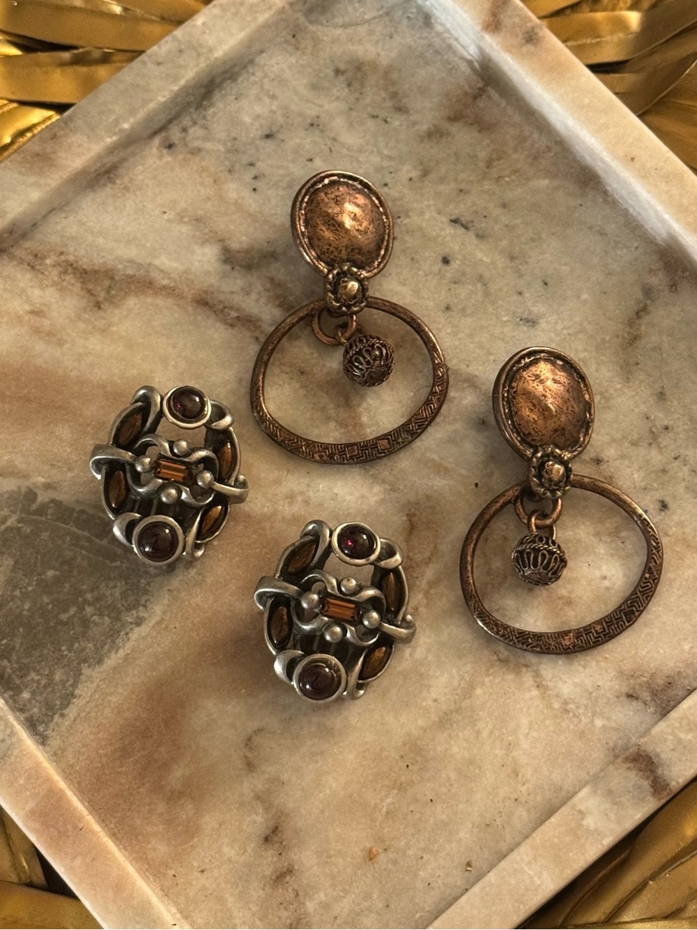 Vintage 2-4-1 Copper Hoop Drop Earrings & Silver-Tone Garnet Accent Clips!!
